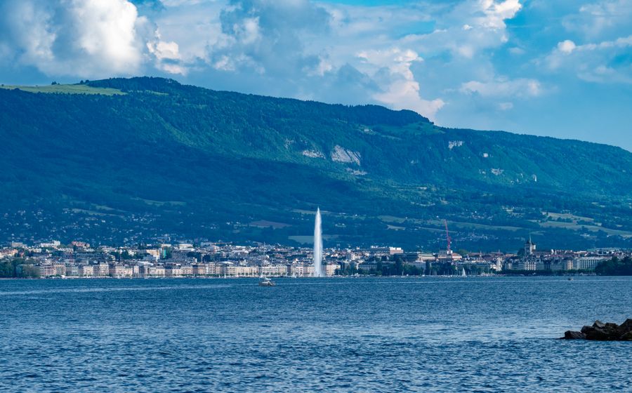 Geneva, Switzerland, with the Jet d'Eau on Lake Geneva, where Leclair Team is based